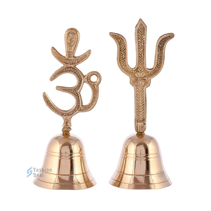 Decorative Om & Trushil Brass Hand Bell for Pooja – Ghanti for Mandir, Home, and Office Temple