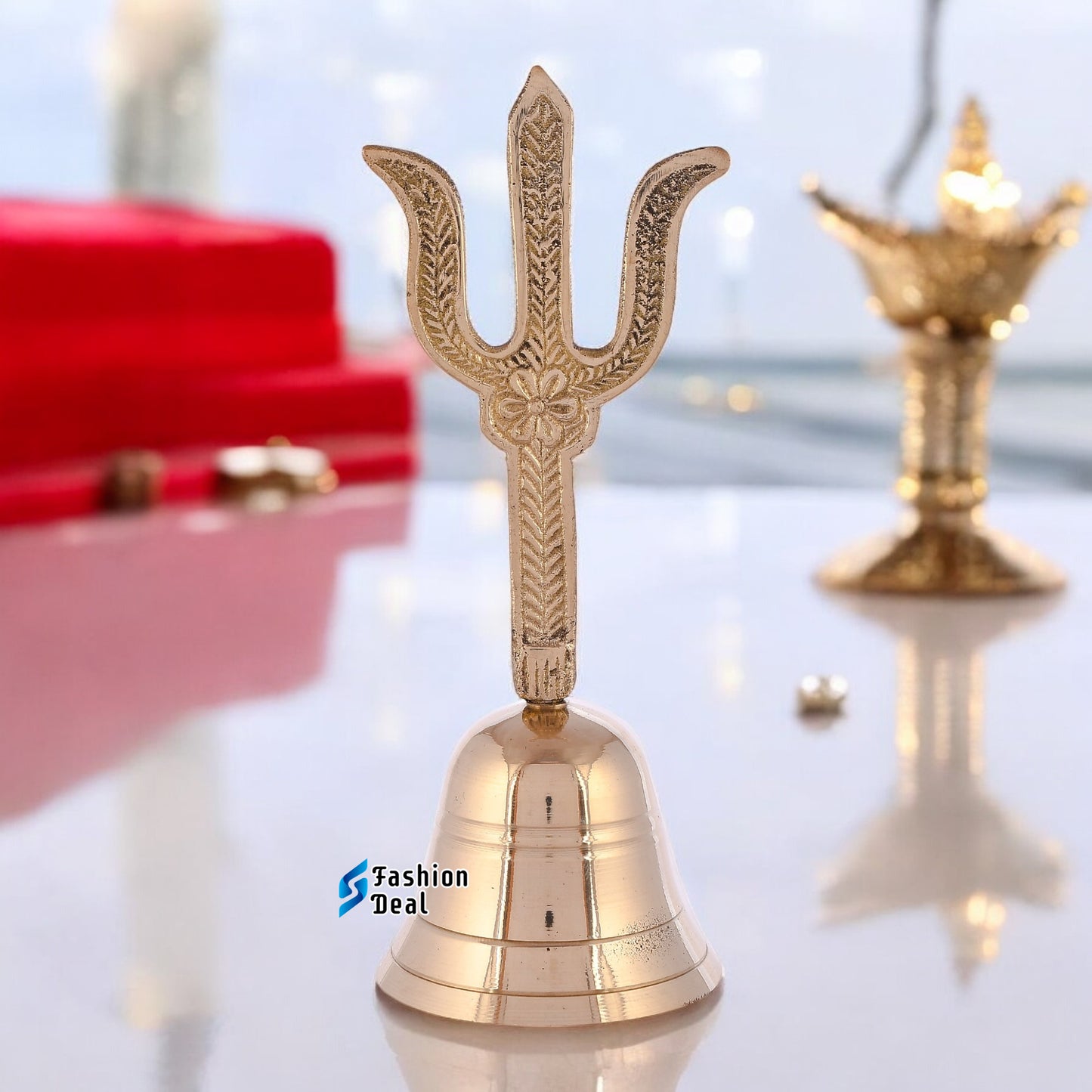 Decorative Om & Trushil Brass Hand Bell for Pooja – Ghanti for Mandir, Home, and Office Temple