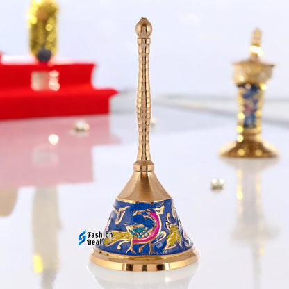 Decorative Meena Brass Hand Bell for Pooja – Ghanti for Mandir, Home, and Office Temple