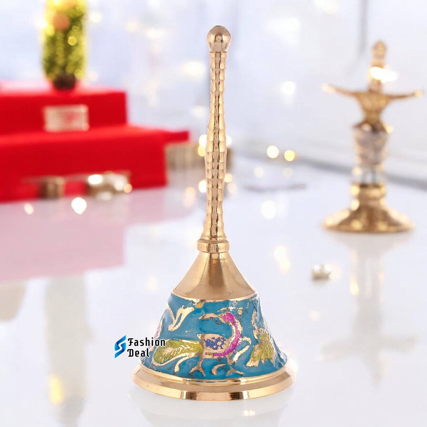 Decorative Meena Brass Hand Bell for Pooja – Ghanti for Mandir, Home, and Office Temple