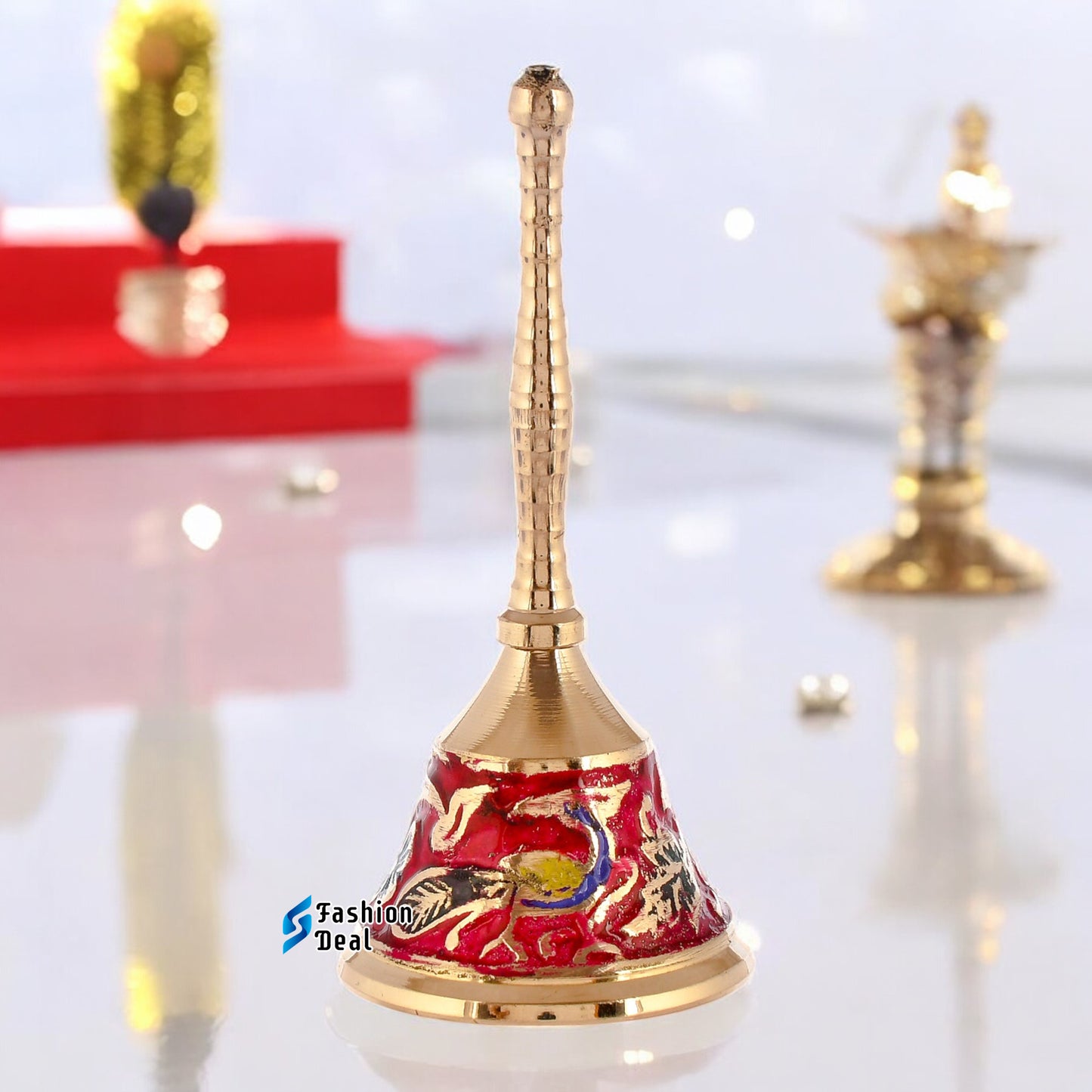 Decorative Meena Brass Hand Bell for Pooja – Ghanti for Mandir, Home, and Office Temple