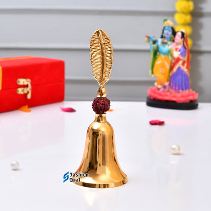 Decorative Rudraksh Brass Hand Bell With Red Velvet Box for Pooja – Ghanti for Mandir, Home, and Office Temple