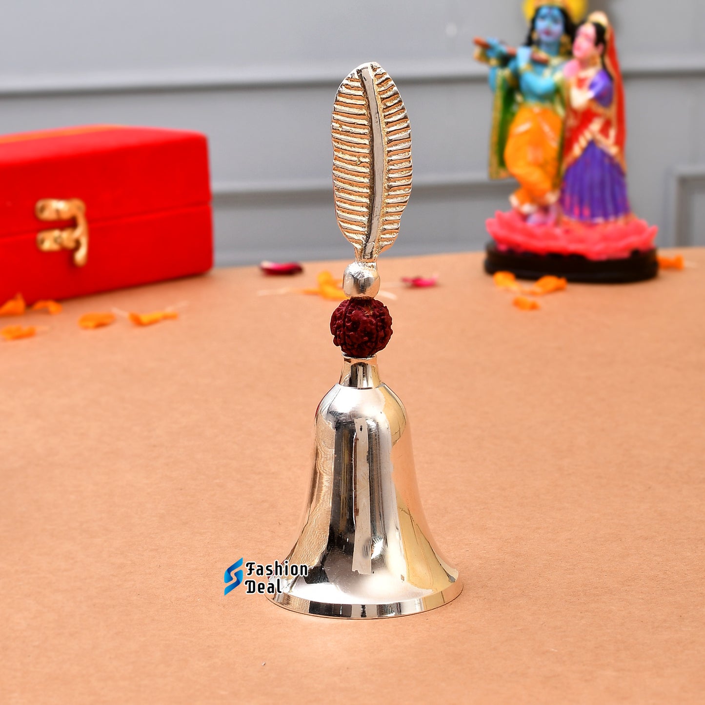 Decorative Rudraksh Brass Hand Bell With Red Velvet Box for Pooja – Ghanti for Mandir, Home, and Office Temple