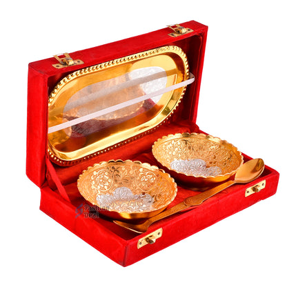 Gold & Silver Plated Round Bowl Spoon Tray Set With Red Velvet Box – Premium Gift for Weddings, Home Decor & Special Occasions