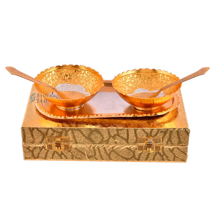 Gold & Silver Plated Round Bowl Spoon Tray Set With Golden Velvet Box – Premium Gift for Weddings, Home Decor & Special Occasions