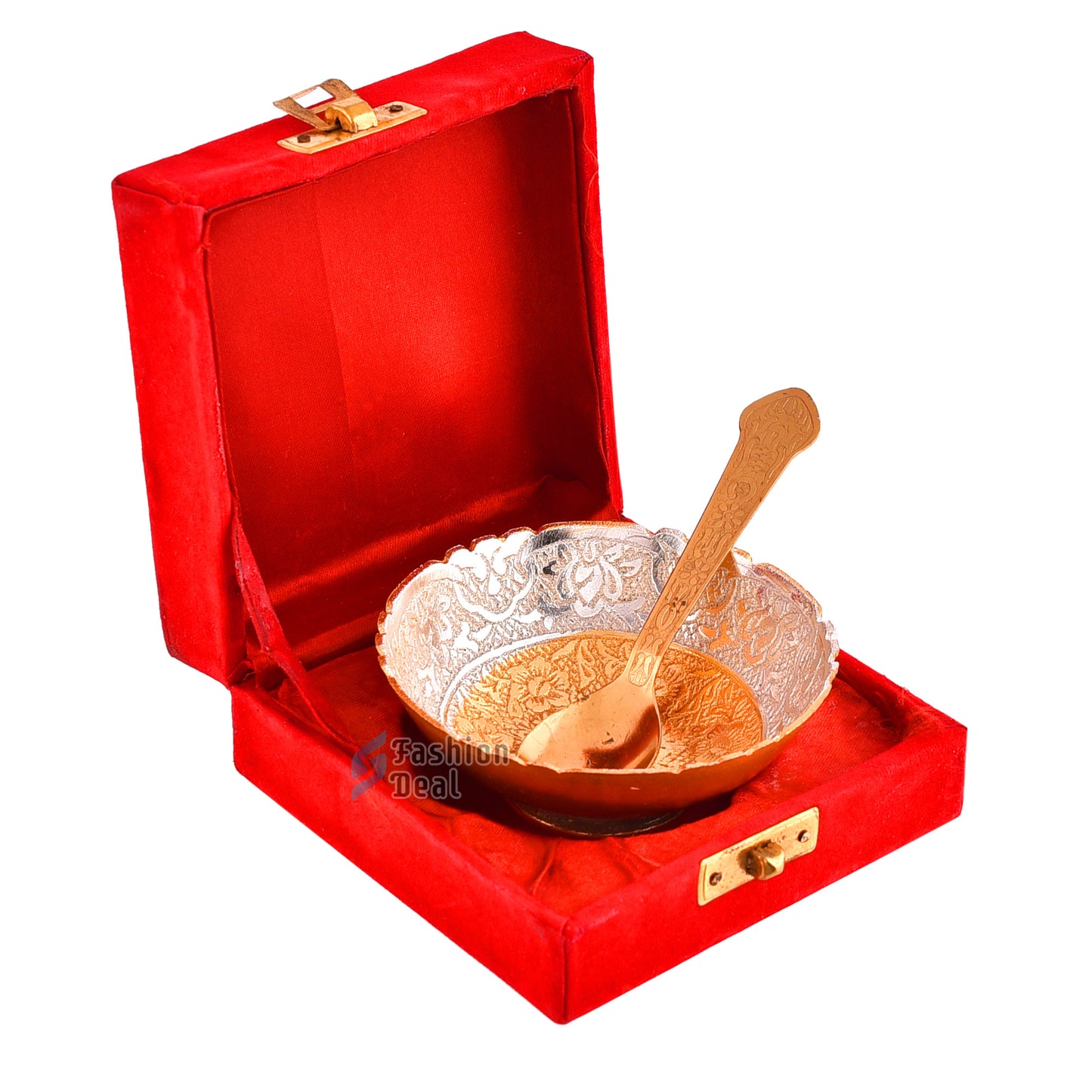 Gold & Silver Plated Round Bowl Spoon Set With Red Velvet Box – Premium Gift for Weddings, Home Decor & Special Occasions