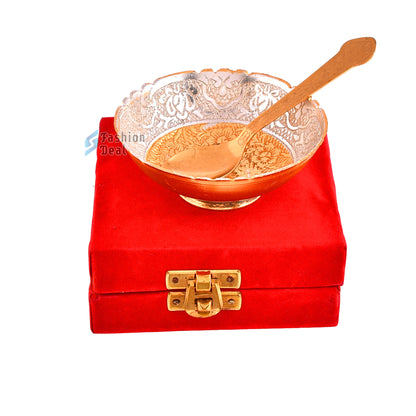 Gold & Silver Plated Round Bowl Spoon Set With Red Velvet Box – Premium Gift for Weddings, Home Decor & Special Occasions