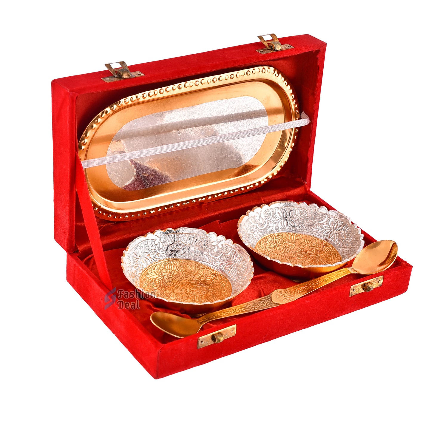 Gold & Silver Plated Round Bowl Spoon Tray Set With Red Velvet Box – Premium Gift for Weddings, Home Decor & Special Occasions