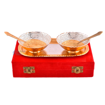 Gold & Silver Plated Round Bowl Spoon Tray Set With Red Velvet Box – Premium Gift for Weddings, Home Decor & Special Occasions