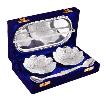 Silver Plated Kamal Lotus Bowl Spoon Tray Set With Red Velvet Box – Premium Gift for Weddings, Home Decor & Special Occasions