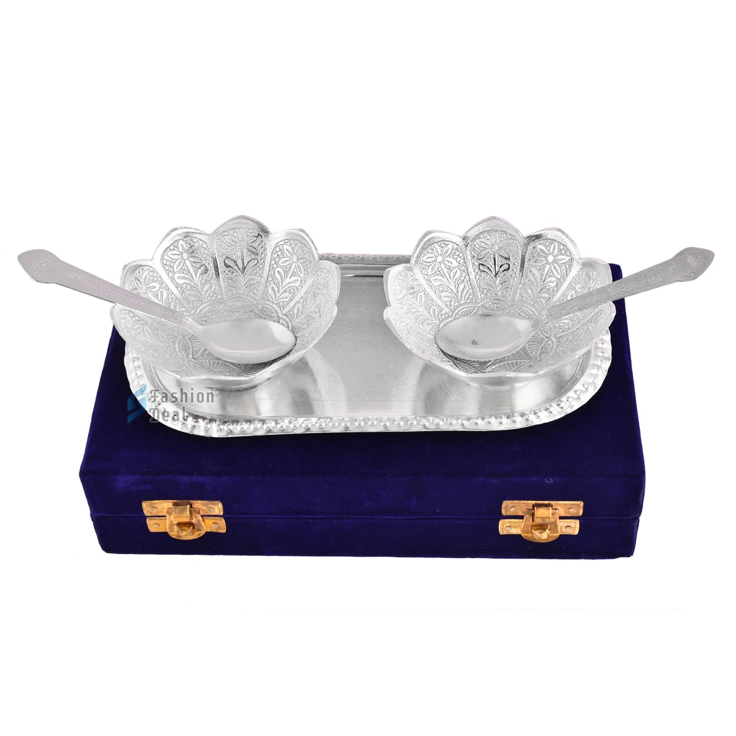 Silver Plated Kamal Lotus Bowl Spoon Tray Set With Red Velvet Box – Premium Gift for Weddings, Home Decor & Special Occasions