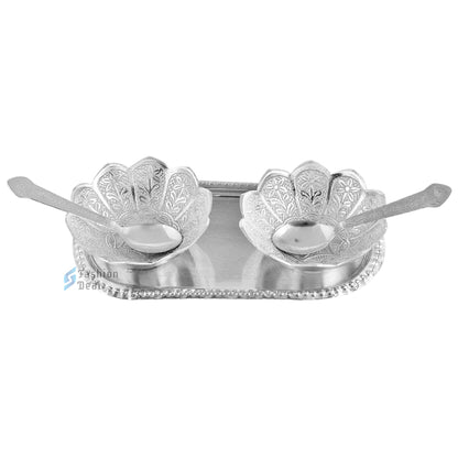 Silver Plated Kamal Lotus Bowl Spoon Tray Set With Red Velvet Box – Premium Gift for Weddings, Home Decor & Special Occasions