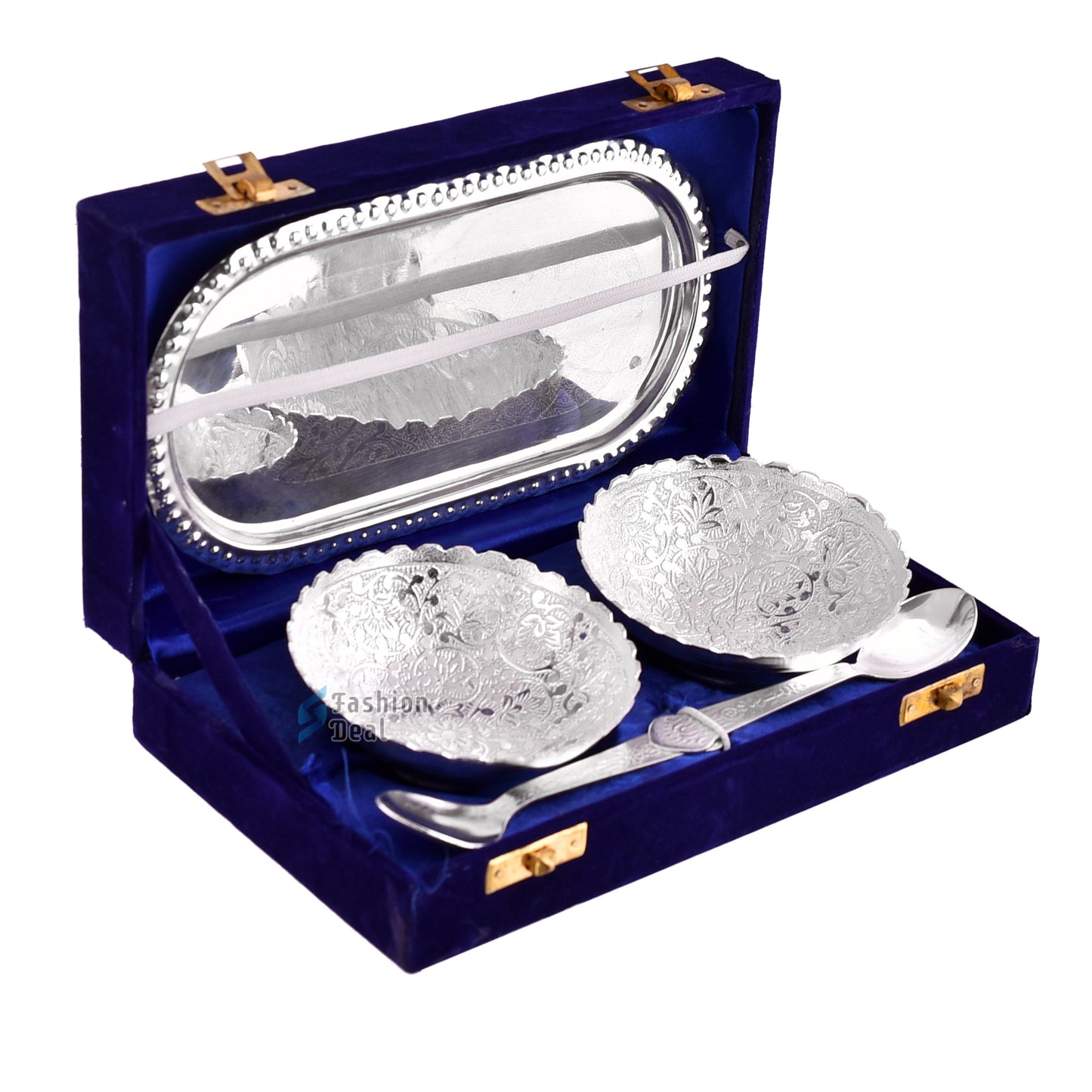 Silver Plated Round Bowl Spoon Tray Set With Blue Velvet Box – Premium Gift for Weddings, Home Decor & Special Occasions