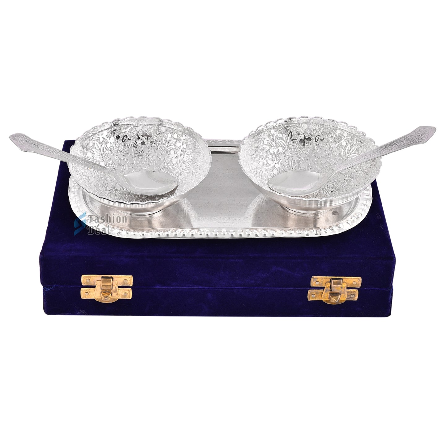 Silver Plated Round Bowl Spoon Tray Set With Blue Velvet Box – Premium Gift for Weddings, Home Decor & Special Occasions