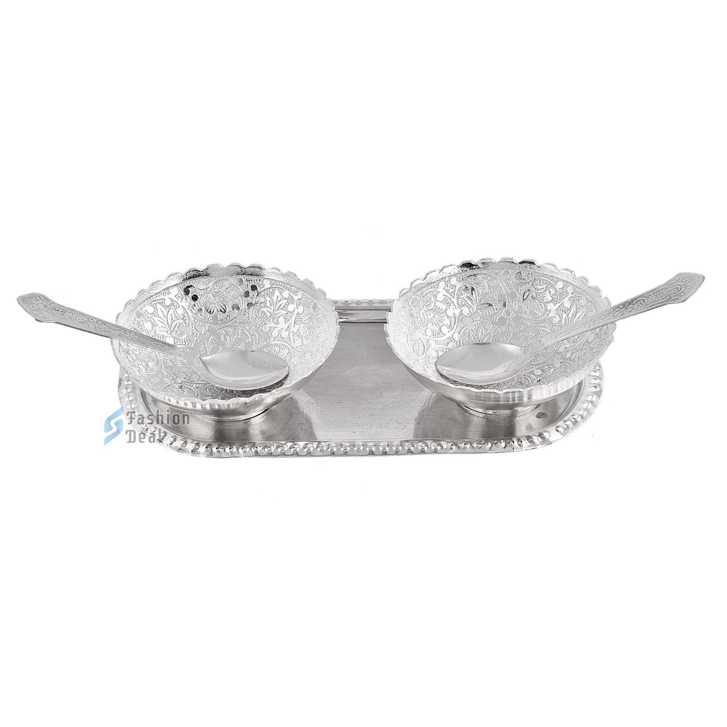 Silver Plated Round Bowl Spoon Tray Set With Blue Velvet Box – Premium Gift for Weddings, Home Decor & Special Occasions