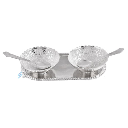 Silver Plated Round Bowl Spoon Tray Set With Blue Velvet Box – Premium Gift for Weddings, Home Decor & Special Occasions