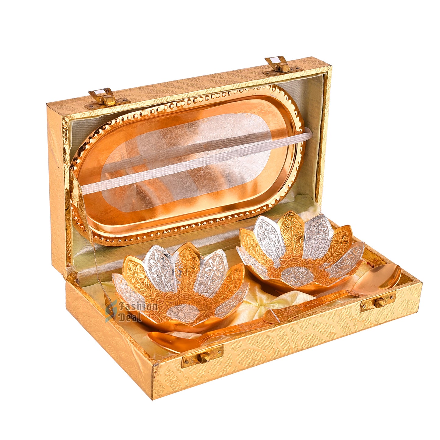 Gold & Silver Plated Kamal Lotus Bowl Spoon Tray Set With Golden Velvet Box – Premium Gift for Weddings, Home Decor & Special Occasions