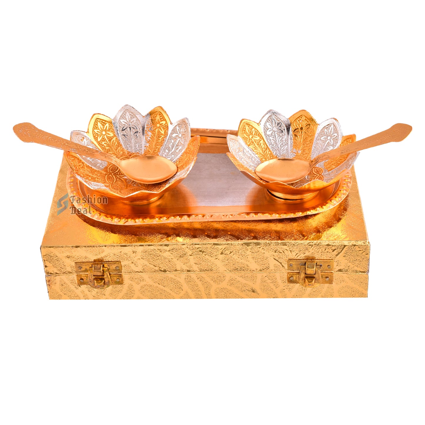 Gold & Silver Plated Kamal Lotus Bowl Spoon Tray Set With Golden Velvet Box – Premium Gift for Weddings, Home Decor & Special Occasions