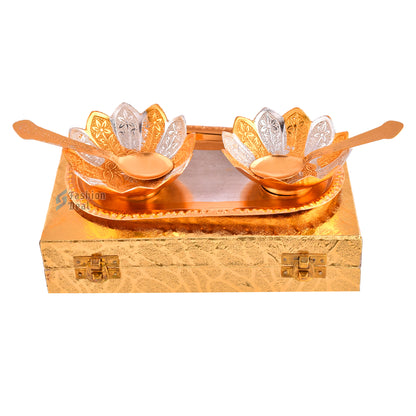 Gold & Silver Plated Kamal Lotus Bowl Spoon Tray Set With Golden Velvet Box – Premium Gift for Weddings, Home Decor & Special Occasions