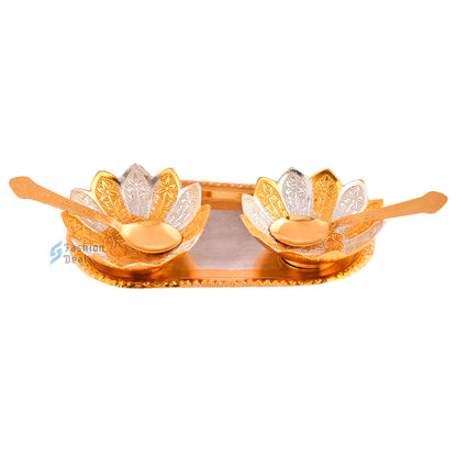 Gold & Silver Plated Kamal Lotus Bowl Spoon Tray Set With Golden Velvet Box – Premium Gift for Weddings, Home Decor & Special Occasions