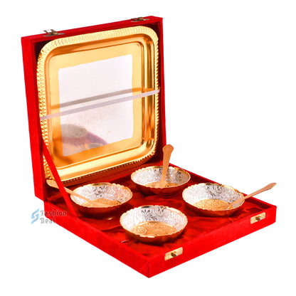 Gold & Silver Plated Round Bowl Spoon Tray Set With Red Velvet Box – Premium Gift for Weddings, Home Decor & Special Occasions