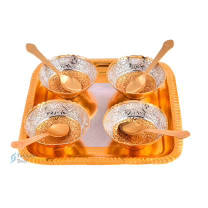 Gold & Silver Plated Round Bowl Spoon Tray Set With Red Velvet Box – Premium Gift for Weddings, Home Decor & Special Occasions