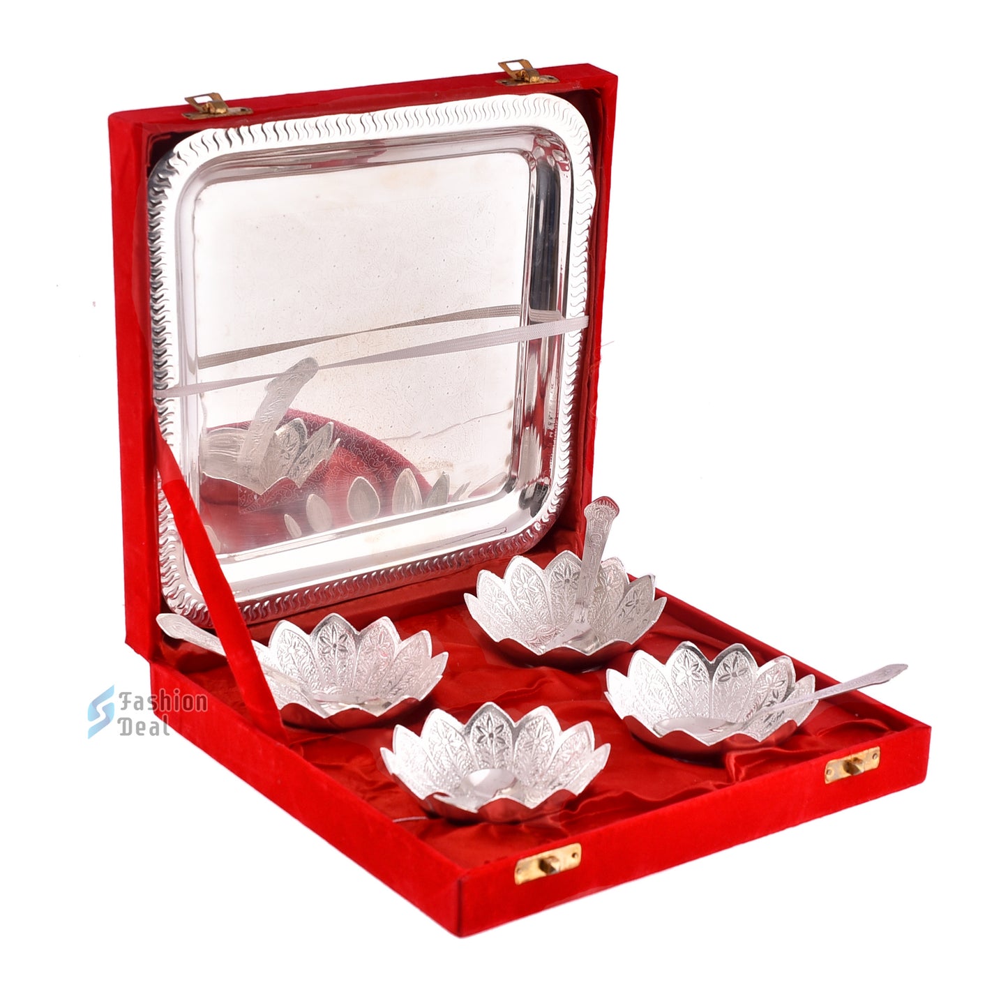 Silver Plated Kamal Lotus Bowl Spoon Tray Set With Red Velvet Box – Premium Gift for Weddings, Home Decor & Special Occasions