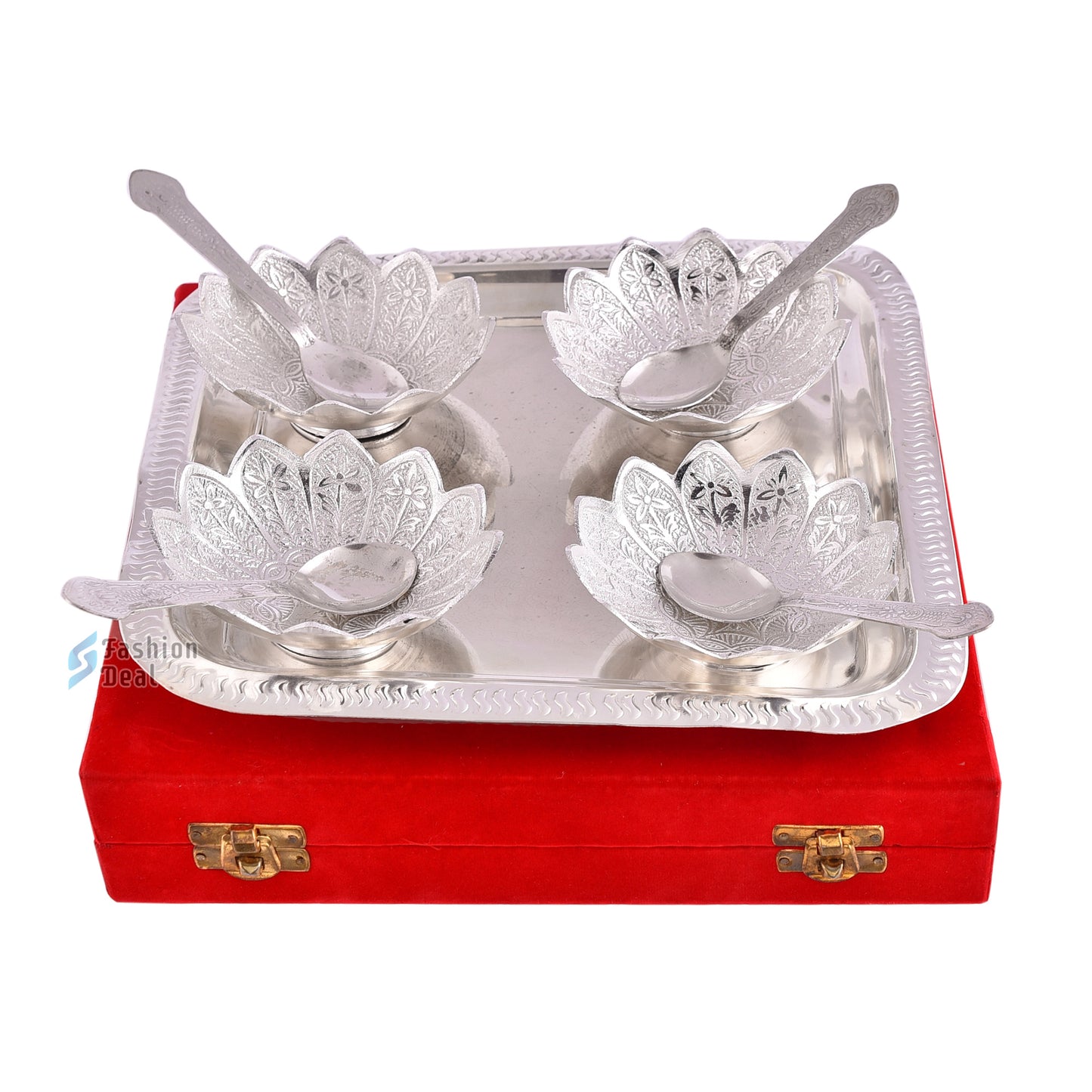 Silver Plated Kamal Lotus Bowl Spoon Tray Set With Red Velvet Box – Premium Gift for Weddings, Home Decor & Special Occasions