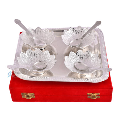 Silver Plated Kamal Lotus Bowl Spoon Tray Set With Red Velvet Box – Premium Gift for Weddings, Home Decor & Special Occasions