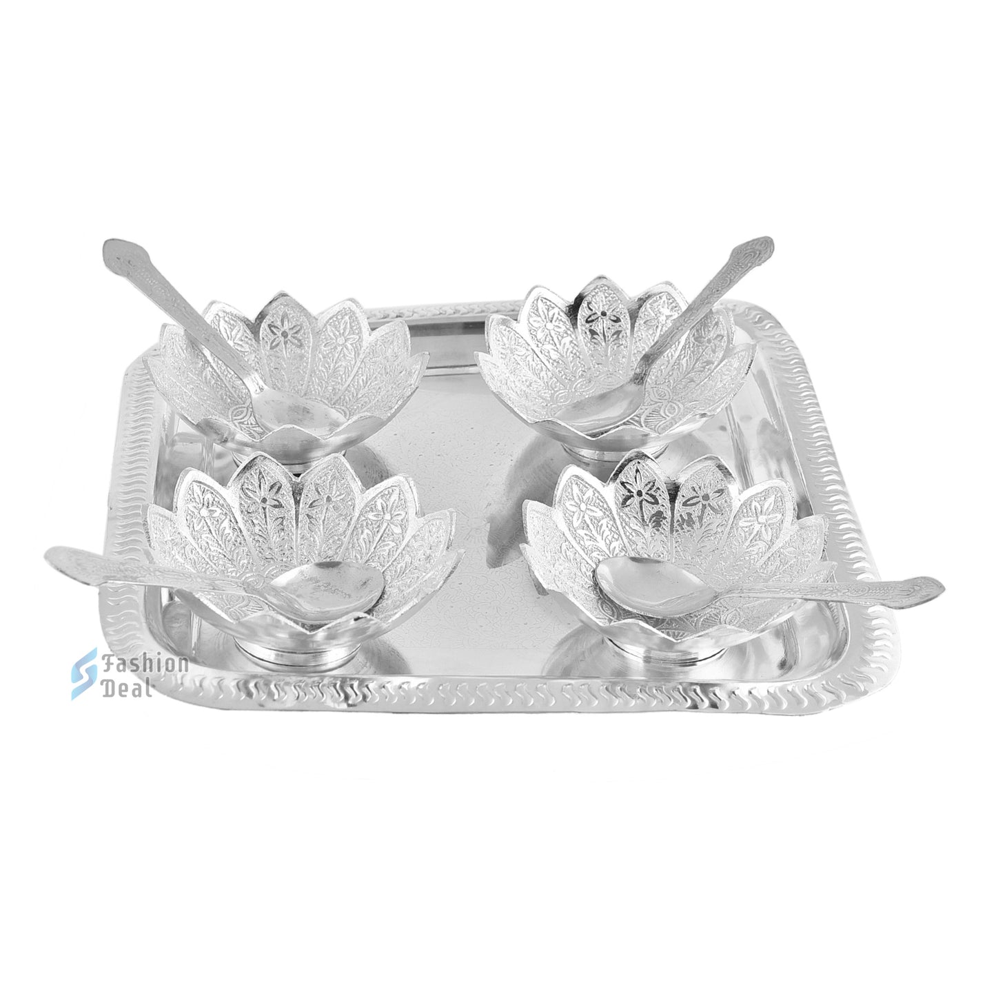 Silver Plated Kamal Lotus Bowl Spoon Tray Set With Red Velvet Box – Premium Gift for Weddings, Home Decor & Special Occasions