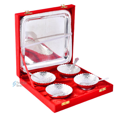 Silver Plated Round Bowl Spoon Tray Set With Red Velvet Box – Premium Gift for Weddings, Home Decor & Special Occasions