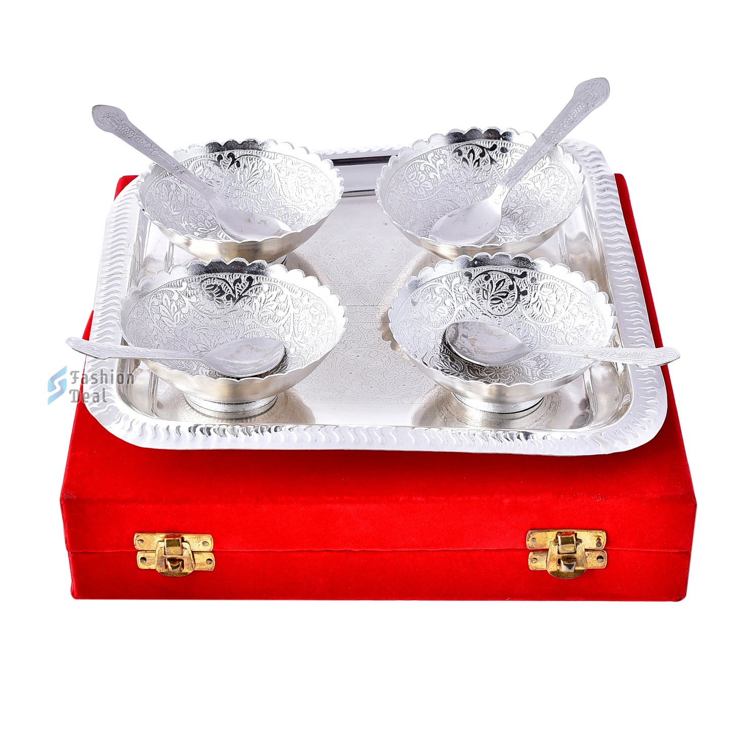 Silver Plated Round Bowl Spoon Tray Set With Red Velvet Box – Premium Gift for Weddings, Home Decor & Special Occasions