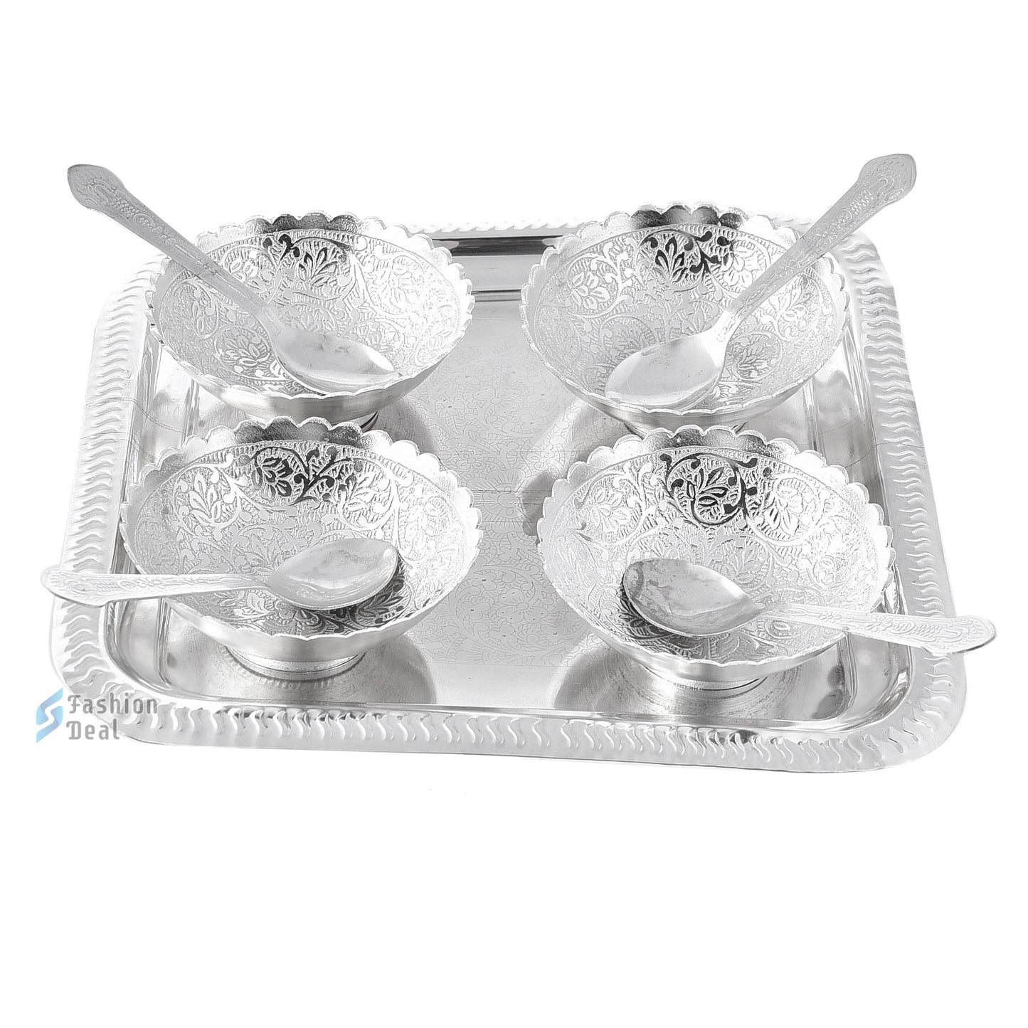 Silver Plated Round Bowl Spoon Tray Set With Red Velvet Box – Premium Gift for Weddings, Home Decor & Special Occasions