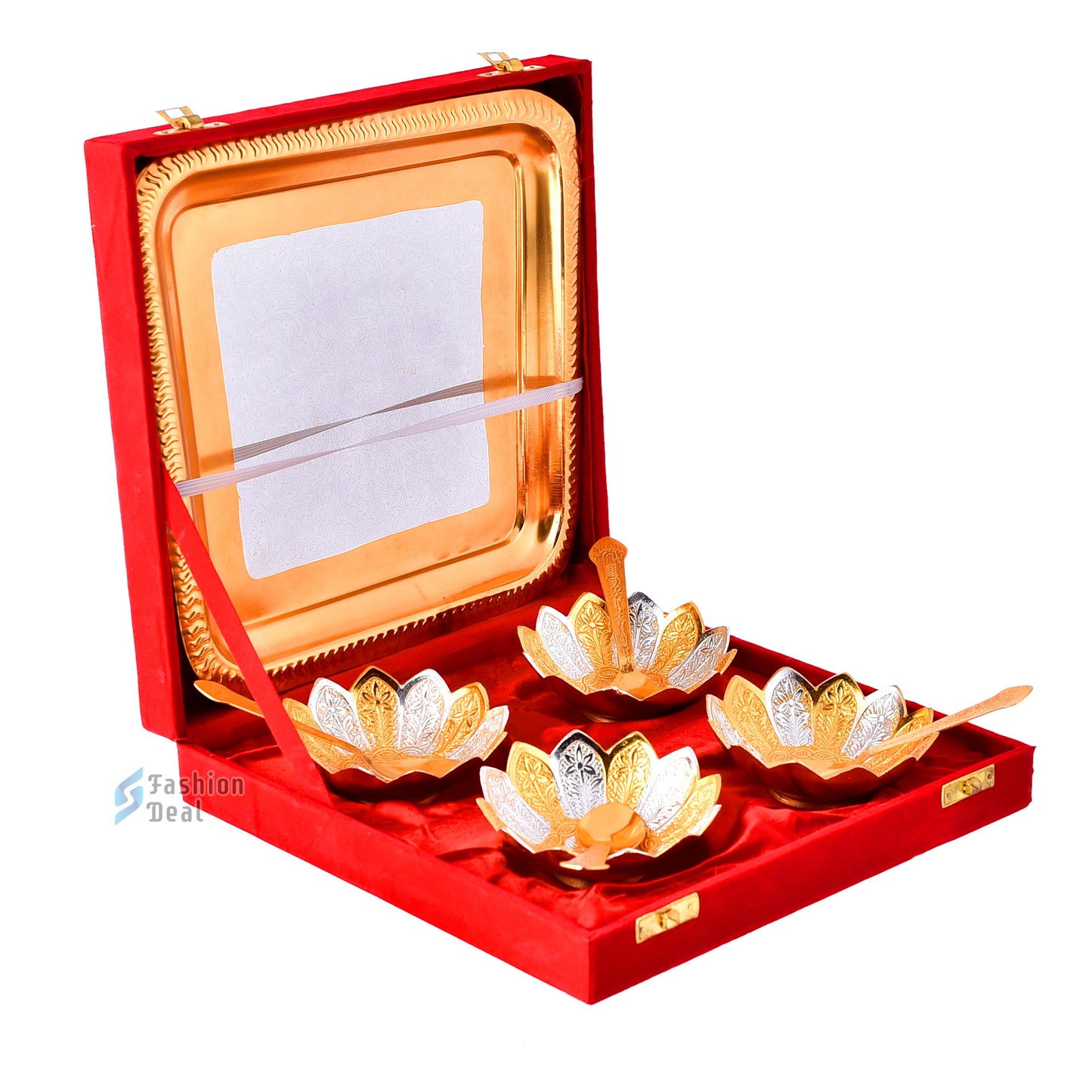 Gold & Silver Plated Kamal Lotus Bowl Spoon Tray Set With Red Velvet Box – Premium Gift for Weddings, Home Decor & Special Occasions