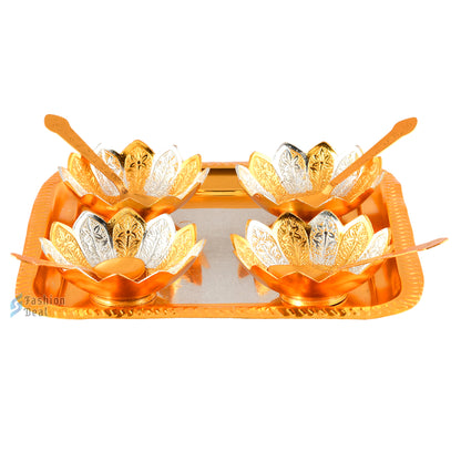 Gold & Silver Plated Kamal Lotus Bowl Spoon Tray Set With Red Velvet Box – Premium Gift for Weddings, Home Decor & Special Occasions