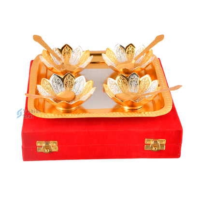 Gold & Silver Plated Kamal Lotus Bowl Spoon Tray Set With Red Velvet Box – Premium Gift for Weddings, Home Decor & Special Occasions