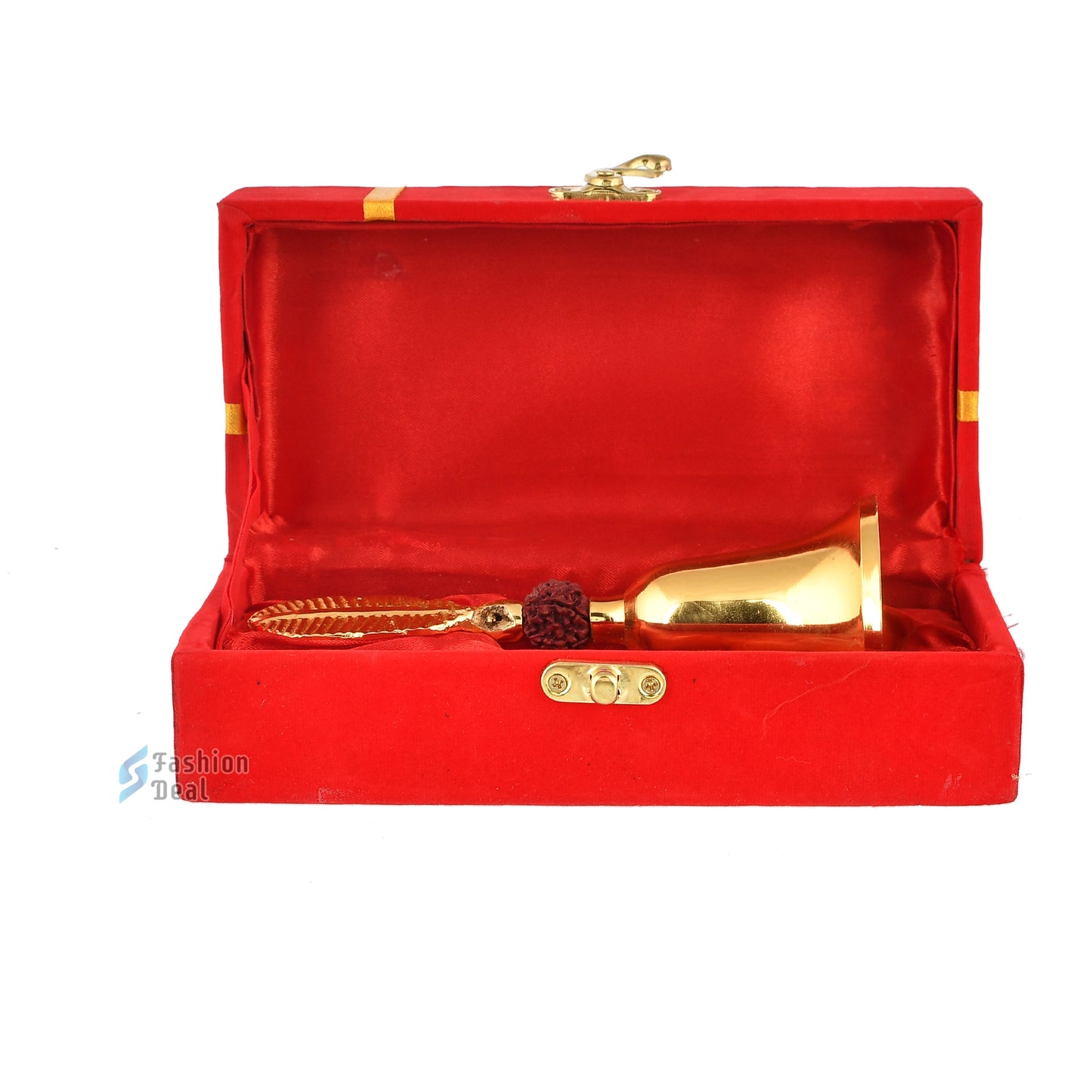 Decorative Rudraksh Brass Hand Bell With Red Velvet Box for Pooja – Ghanti for Mandir, Home, and Office Temple