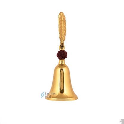 Decorative Rudraksh Brass Hand Bell With Red Velvet Box for Pooja – Ghanti for Mandir, Home, and Office Temple