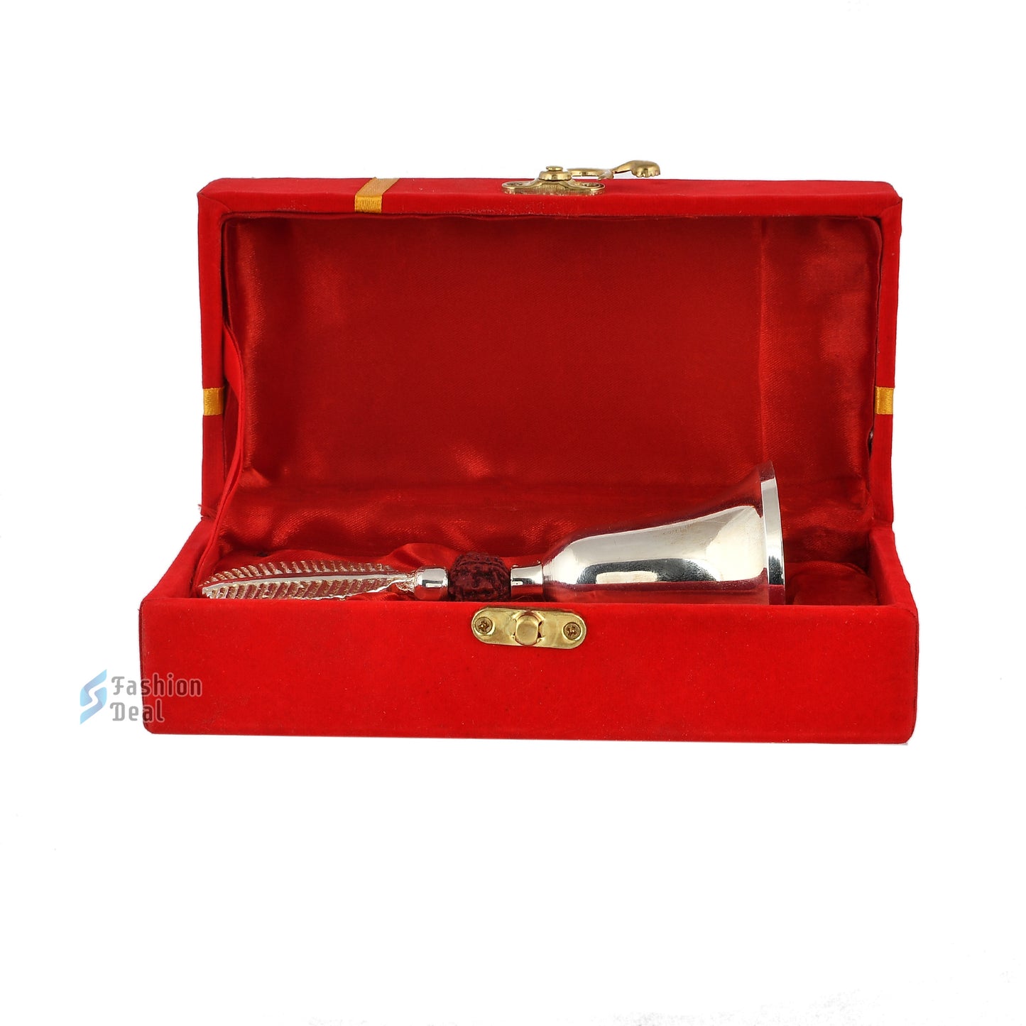 Decorative Rudraksh Brass Hand Bell With Red Velvet Box for Pooja – Ghanti for Mandir, Home, and Office Temple