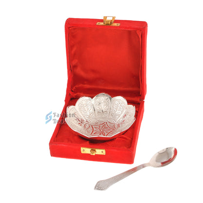 Silver Plated Kamal/Lotus Bowl Spoon Set With Red Velvet Box – Premium Gift for Weddings, Home Decor & Special Occasions