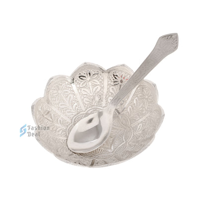 Silver Plated Kamal/Lotus Bowl Spoon Set With Red Velvet Box – Premium Gift for Weddings, Home Decor & Special Occasions