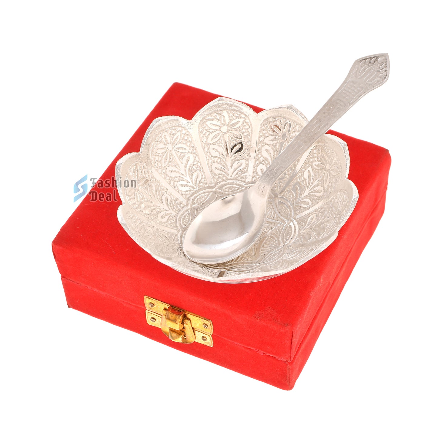 Silver Plated Kamal/Lotus Bowl Spoon Set With Red Velvet Box – Premium Gift for Weddings, Home Decor & Special Occasions