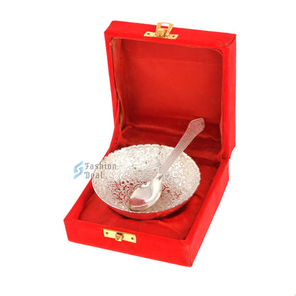 Silver Plated Round Bowl Spoon Set With Red Velvet Box – Premium Gift for Weddings, Home Decor & Special Occasions