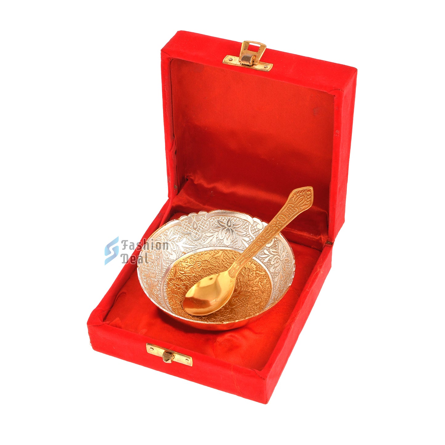 Gold & Silver Plated Round Bowl Spoon Set With Red Velvet Box – Premium Gift for Weddings, Home Decor & Special Occasions