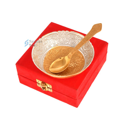 Gold & Silver Plated Round Bowl Spoon Set With Red Velvet Box – Premium Gift for Weddings, Home Decor & Special Occasions