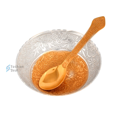 Gold & Silver Plated Round Bowl Spoon Set With Red Velvet Box – Premium Gift for Weddings, Home Decor & Special Occasions