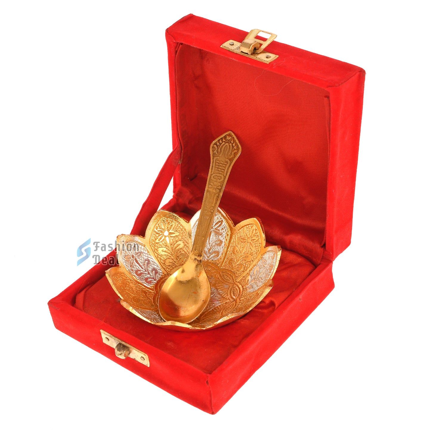 Gold & Silver Plated Kamal/Lotus Bowl Spoon Set With Red Velvet Box – Premium Gift for Weddings, Home Decor & Special Occasions