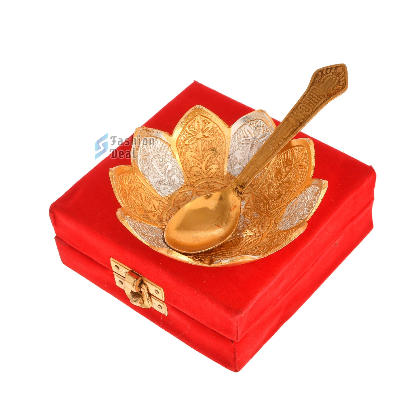 Gold & Silver Plated Kamal/Lotus Bowl Spoon Set With Red Velvet Box – Premium Gift for Weddings, Home Decor & Special Occasions