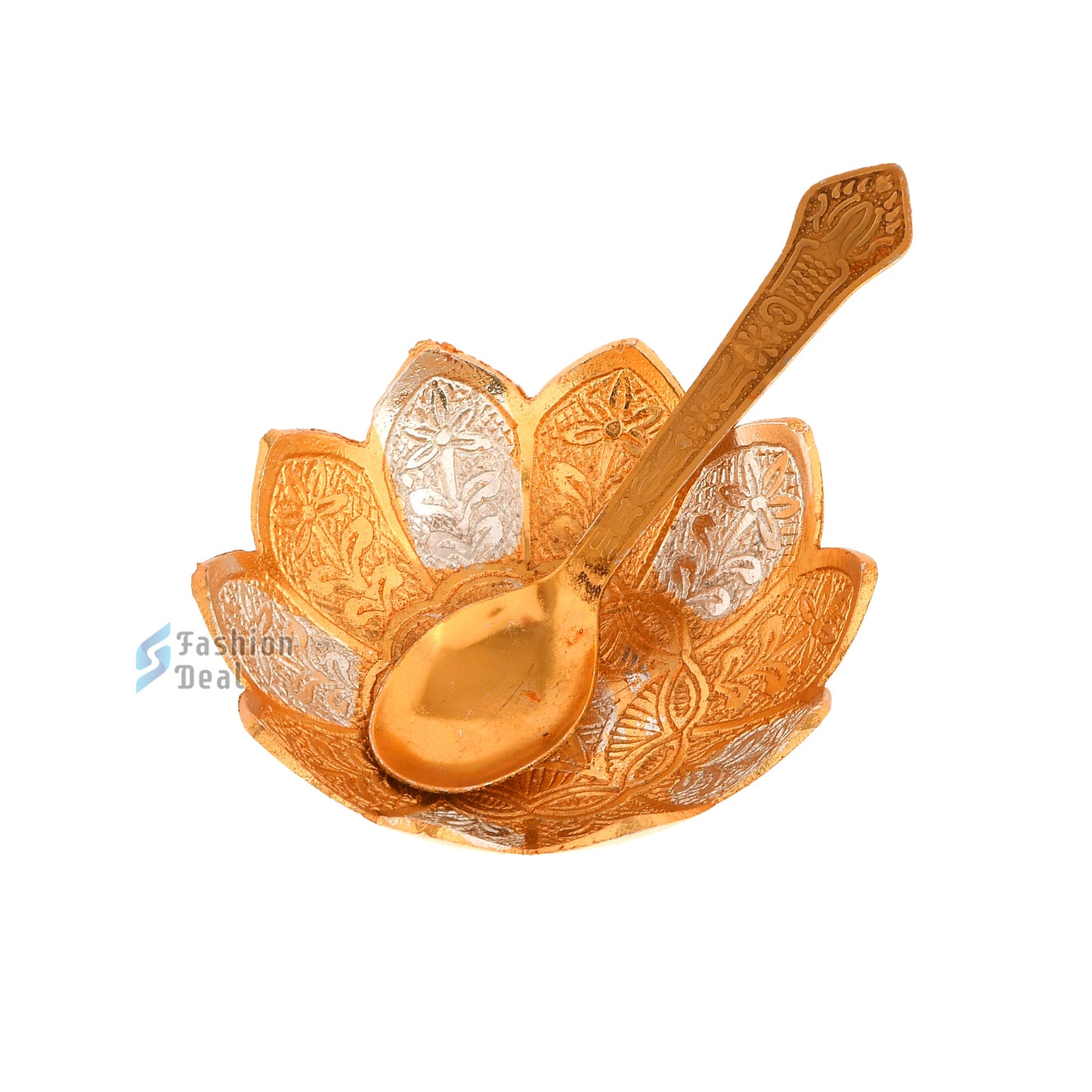 Gold & Silver Plated Kamal/Lotus Bowl Spoon Set With Red Velvet Box – Premium Gift for Weddings, Home Decor & Special Occasions