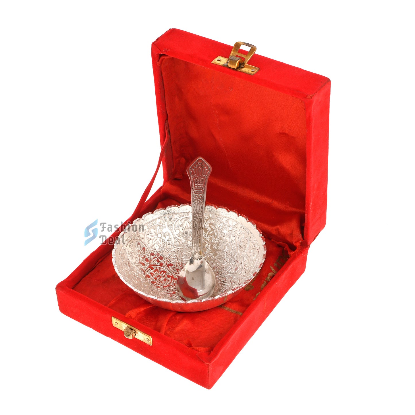 Silver Plated Round Bowl Spoon Set With Red Velvet Box – Premium Gift for Weddings, Home Decor & Special Occasions